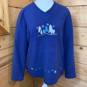 Blue Fleece Pullover Sweater V-Neck Cute Winter Penguin Polar Bear Snowflakes Lg